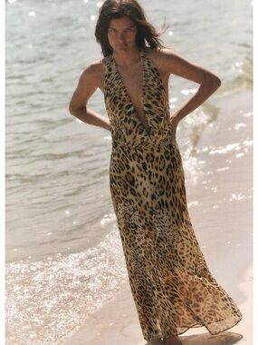 Zara Animal Print Georgette Halter Long Dress